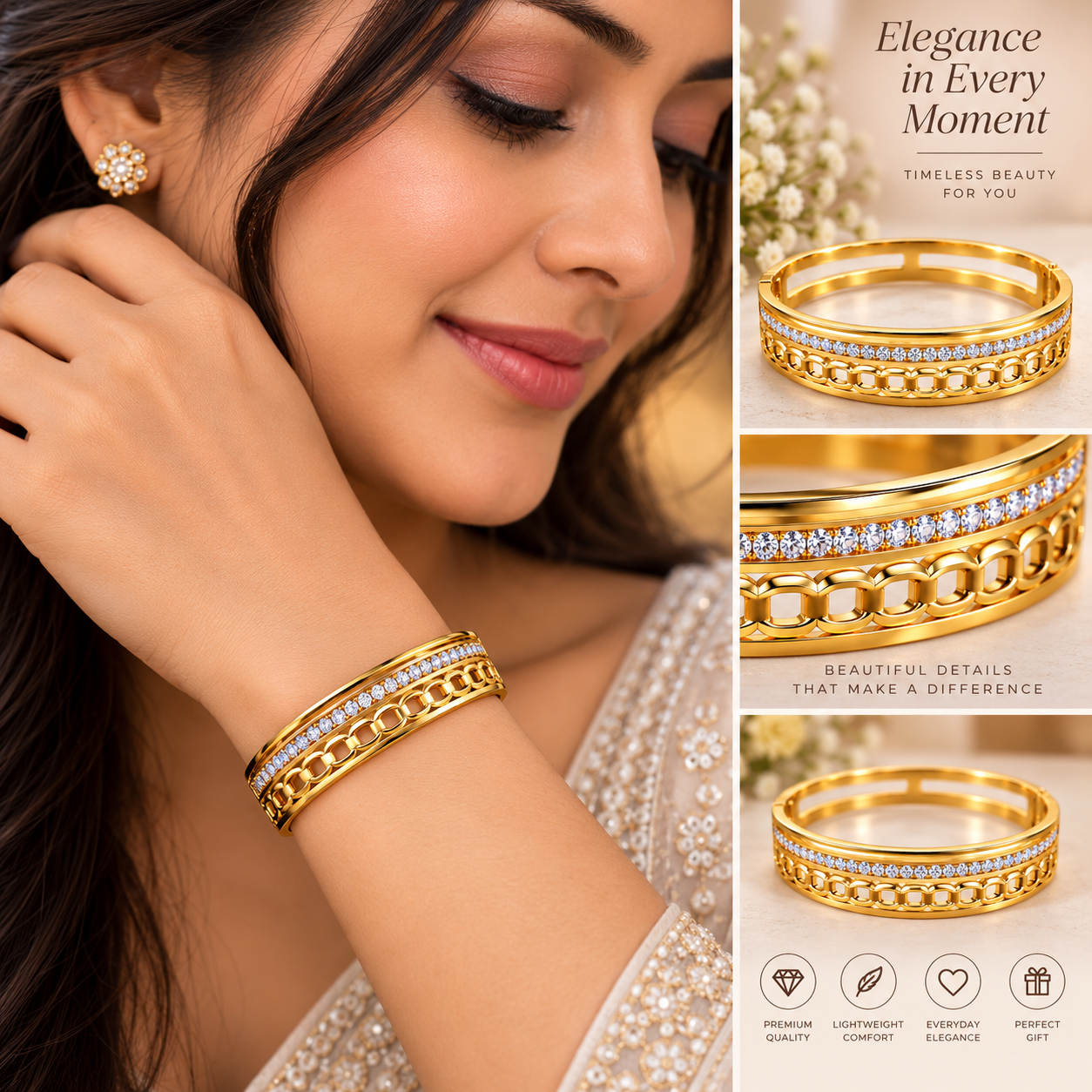 Golden Chain-Link Crystal Bangle Bracelet